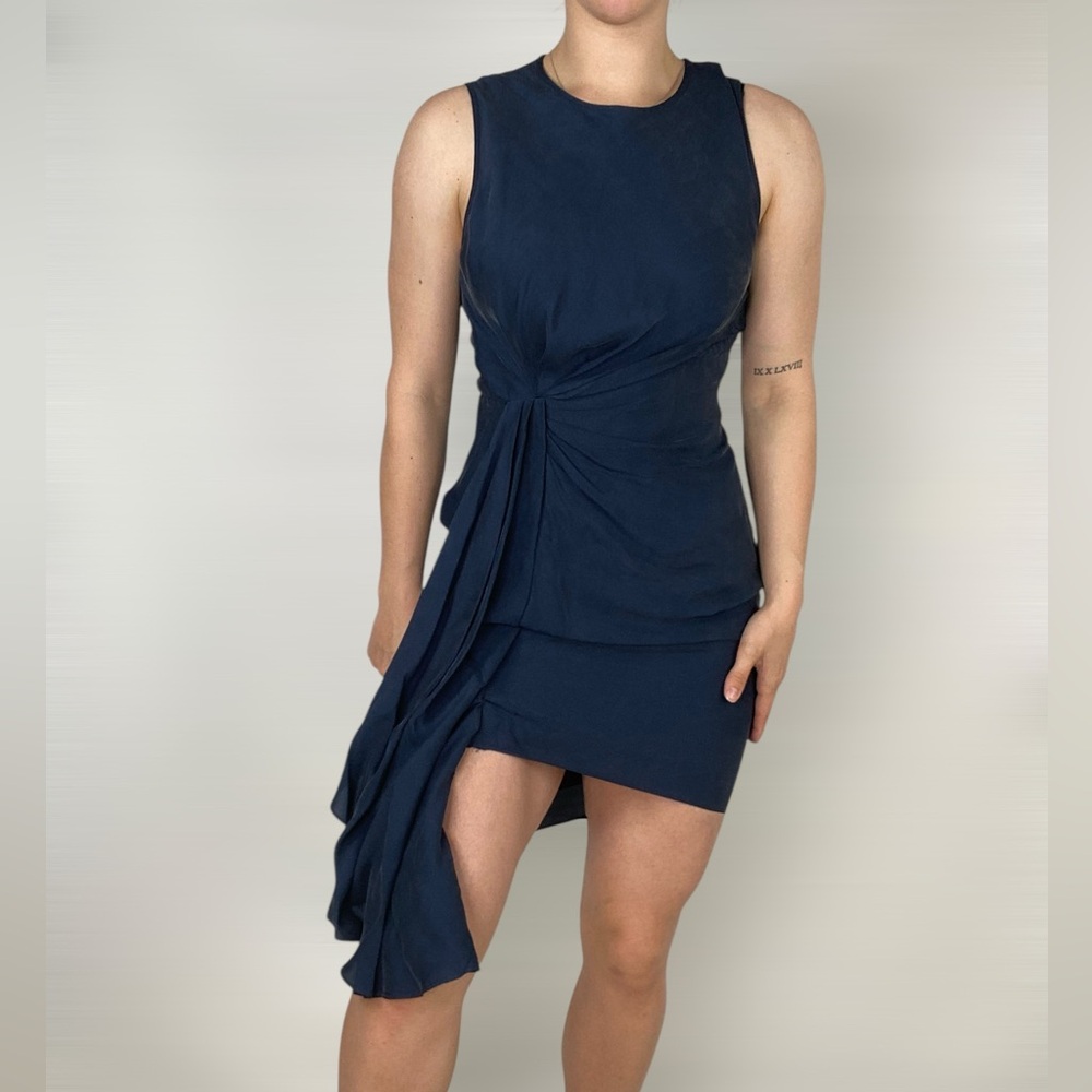 MILLY Rachael Washed Stretch Silk Mini Dress Sleeveless Front Drape‎ Blue Party